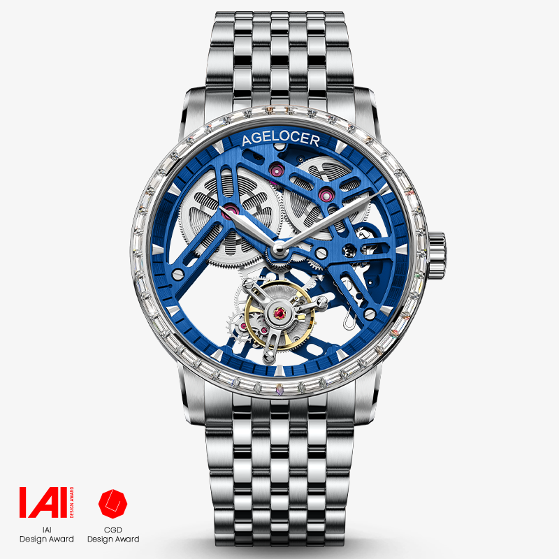 Agelocer Tourbillon Men's Hollow Mechanical Watch - Blue Steel Strap Diamond Watch