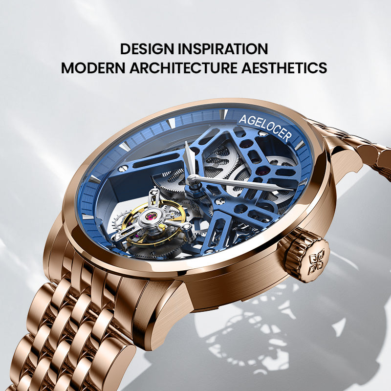 Agelocer Tourbillon Men's Skeleton Mechanical Watch-Blue Glod Steel Strap