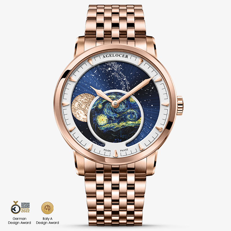 Agelocer Astronomer Original Men's Automatic Mechanical Moonphase Watch Gold Steel Belt