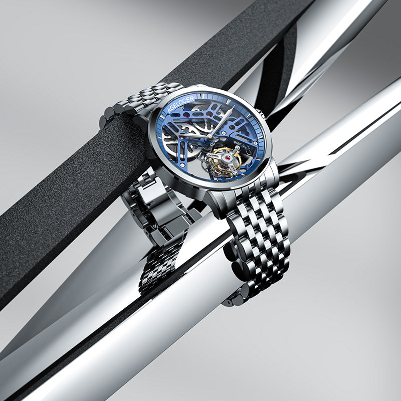 Agelocer Tourbillon Men's Skeleton Blue Mechanical Watch-Steel Strap