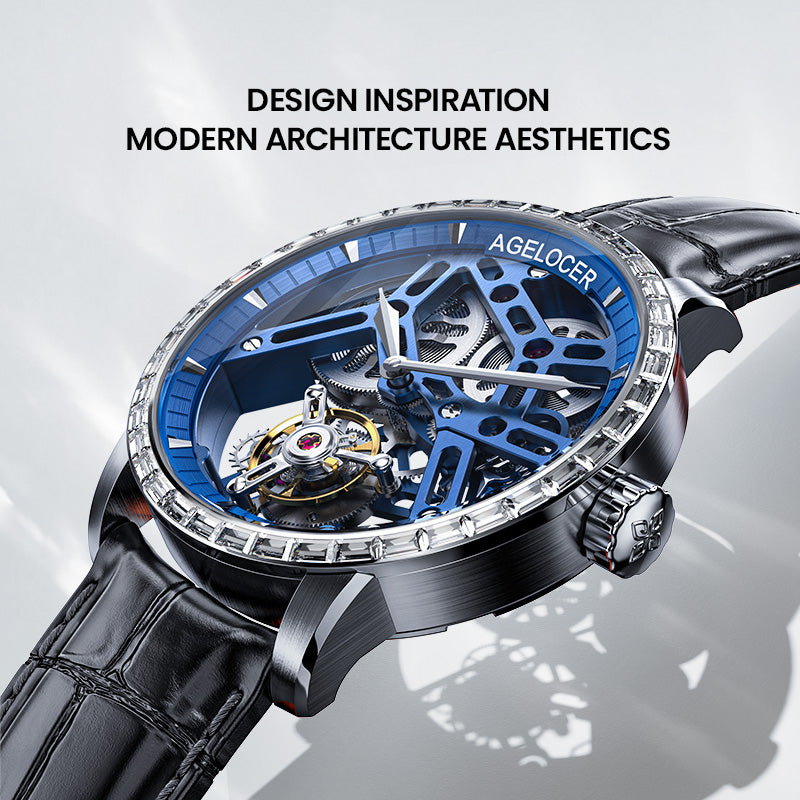 Agelocer Tourbillon Men's Hollow Mechanical Watch - Genuine Blue Leather Strap Diamond Watch