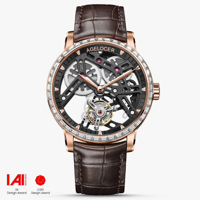 Agelocer Tourbillon Men's Hollow Mechanical Watch -  Golden Blue Genuine Leather Strap Diamond Watch