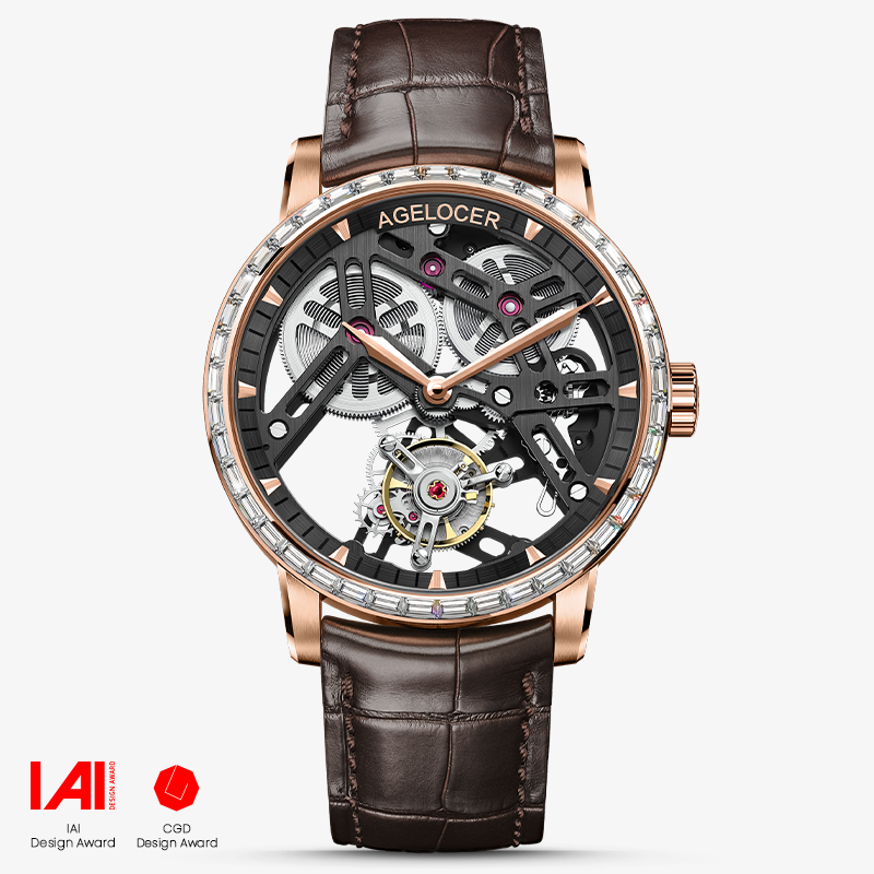 Agelocer Tourbillon Men's Hollow Mechanical Watch -  Golden Genuine Leather Strap Diamond Watch