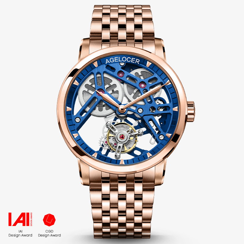 Agelocer Tourbillon Men's Skeleton Mechanical Watch-Blue Glod Steel Strap