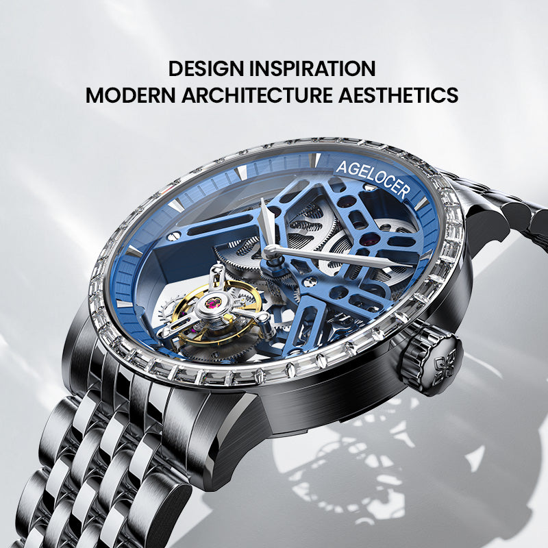 Agelocer Tourbillon Men's Hollow Mechanical Watch - Blue Steel Strap Diamond Watch