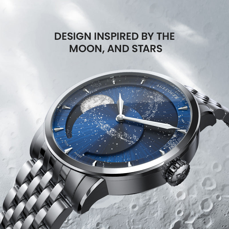 Agelocer Astronomer Original Men's Automatic Mechanical Silver Glaxy Moonphase Watch Steel Belt