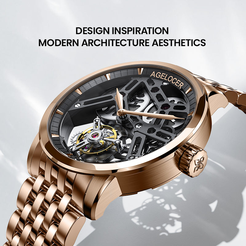 Agelocer Tourbillon Men's Skeleton Mechanical Watch-Black Glod Steel Strap