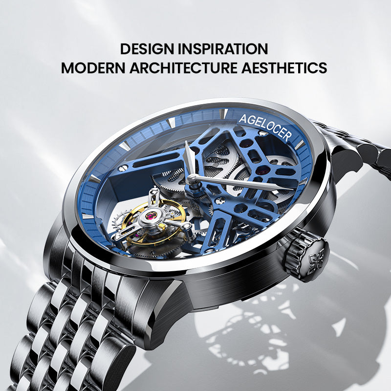 Agelocer Tourbillon Men's Skeleton Blue Mechanical Watch-Steel Strap