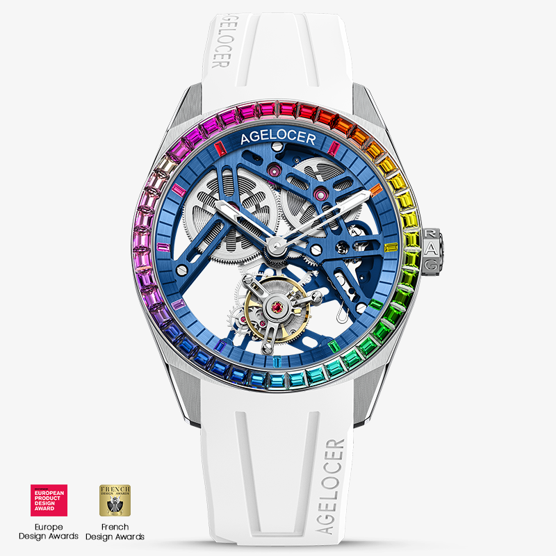 Agelocer Tourbillon Fluoro Rubber Men's Hollow Sliver Mechanical Watch - Rainbow Bezel