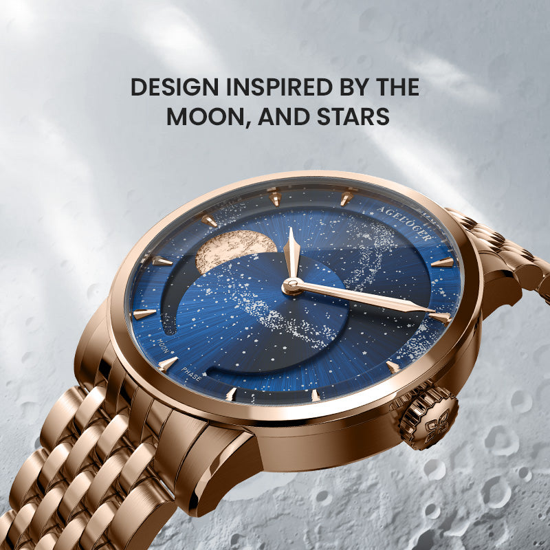 Agelocer Astronomer Original Men's Automatic Mechanical Gold Glaxy Moonphase Watch Steel Belt