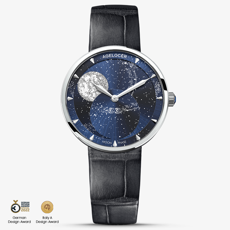 Agelocer Astronomer Ladies Glod Blue Glaxy Moonphase Quartz Watch