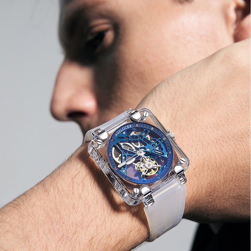 Agelocer Tourbillon Men's Limited Edition Blue Skeleton Mechanical Watch - Sapphire Case