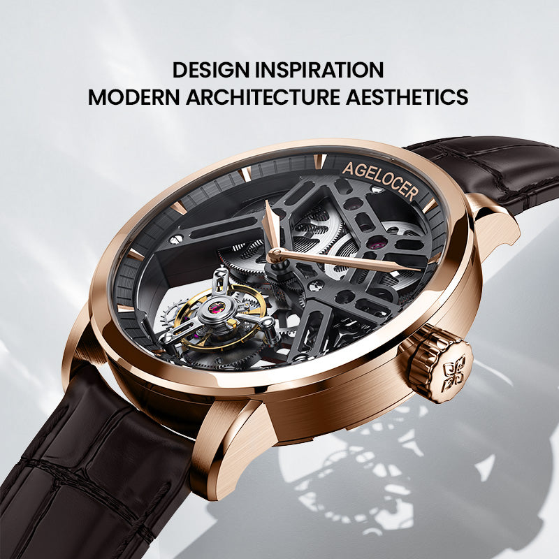 Agelocer Manual Tourbillon Men's Golden Black Skeleton Mechanical Watch (US Warehouse)