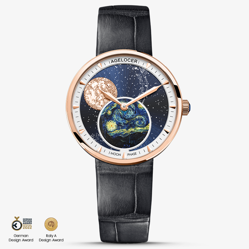 Agelocer Astronomer Ladies Gold Paintings Moonphase Quartz Watch