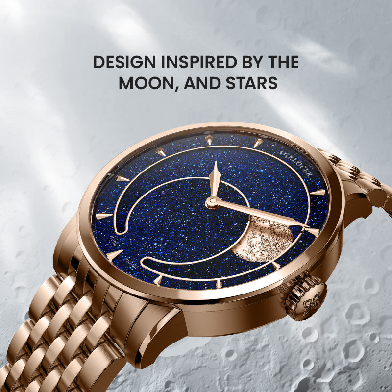 Agelocer Astronomer Men's Automatic Mechanical Moonphase - Natural Blue Steel Strap