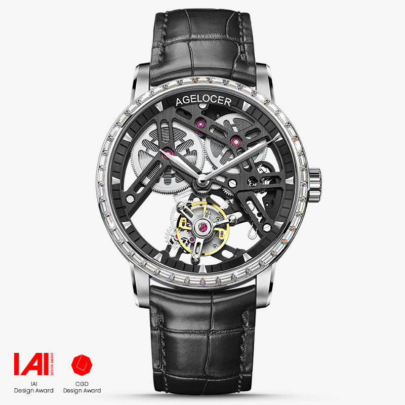 Agelocer Tourbillon Men's Hollow Mechanical Watch - Genuine Leather Strap Diamond Watch