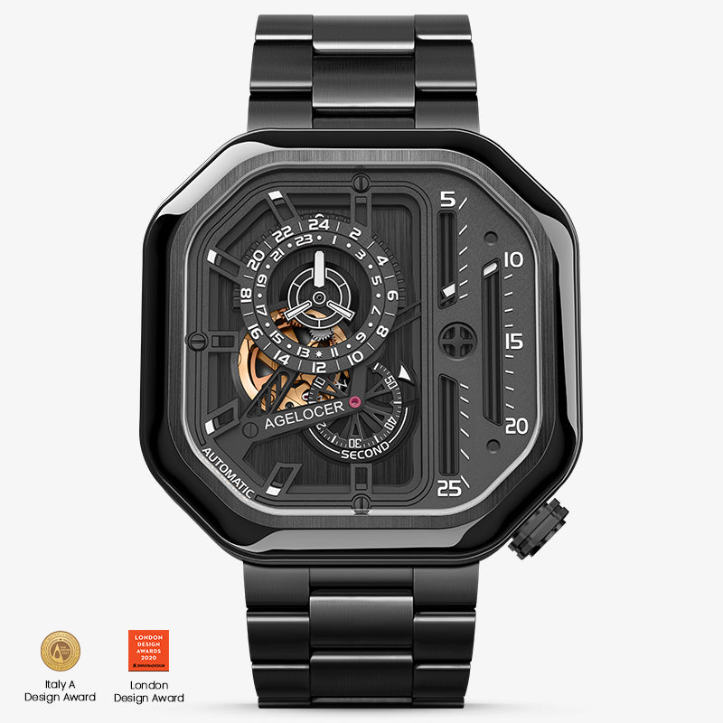 Agelocer Racing Series Watch Men's Square Automatic Mechanical Watch Black Steel Strap