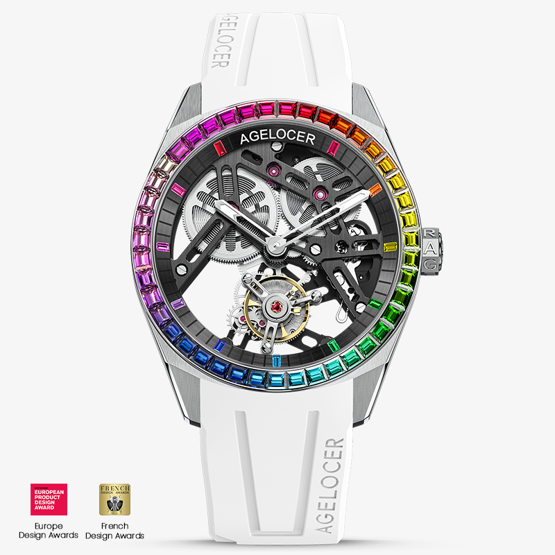 Agelocer Flying Tourbillon Fluoro Rubber Men's Hollow Mechanical Watch - Rainbow Bezel