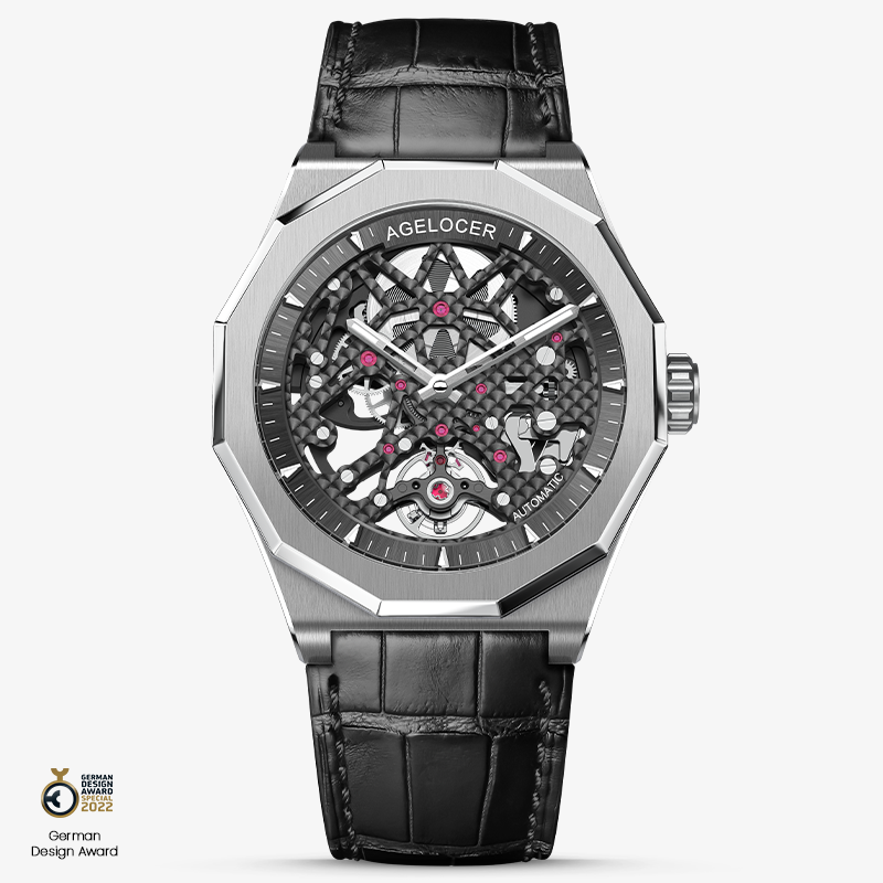 Agelocer Schwarzwald  Men's Double Skeleton Automatic Mechanical Watch - Ceramic Bezel