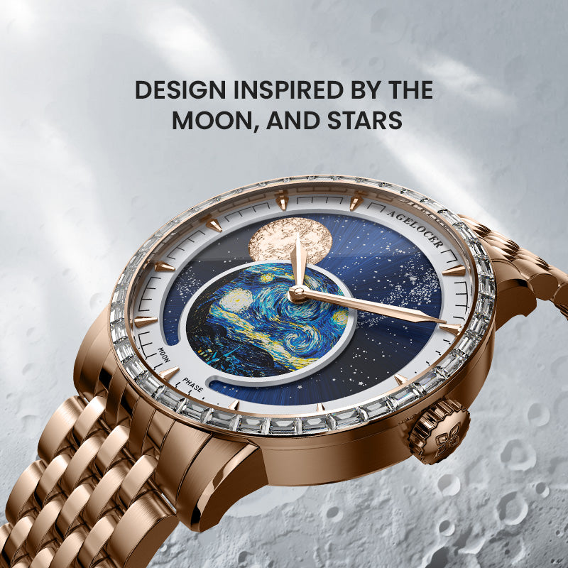 Agelocer Astronomer Original Men's Automatic Mechanical Moonphase Watch Gold Steel Belt