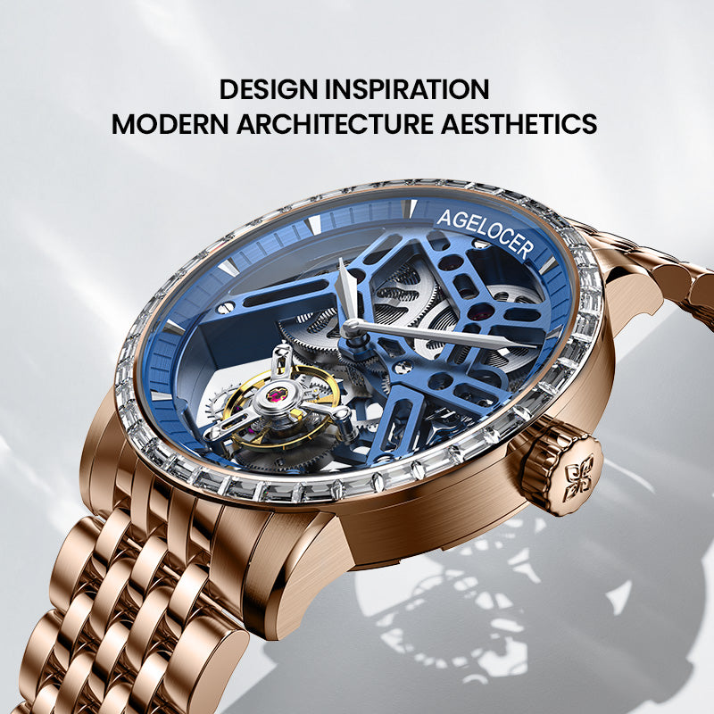 Agelocer Tourbillon Men's Hollow Mechanical Watch - Gloden Blue Steel Strap Diamond Watch