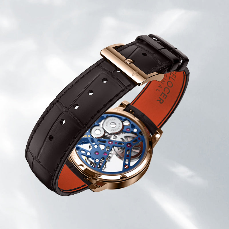 Agelocer Tourbillon Men's Hollow Mechanical Watch -  Golden Blue Genuine Leather Strap Diamond Watch