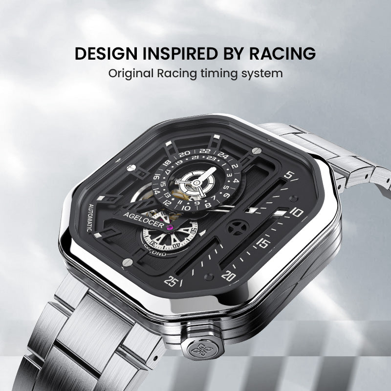 Agelocer Racing Series Watch Men's Square Automatic Mechanical Watch Silver Steel Strap