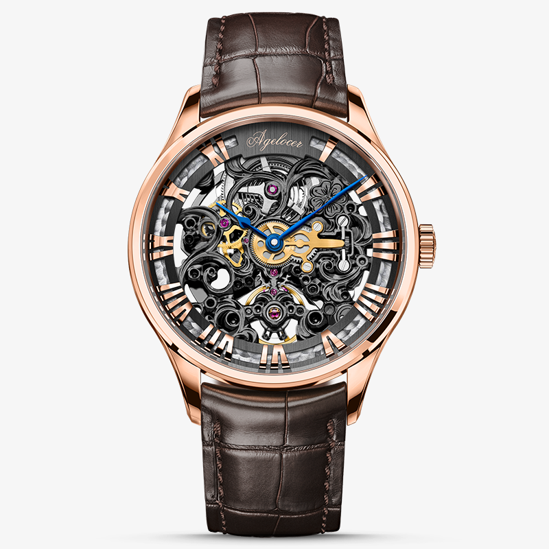 Agelocer Schwarzwald Double-Sided Skeleton Automatic Mechanical Watch For Men Leather Strap