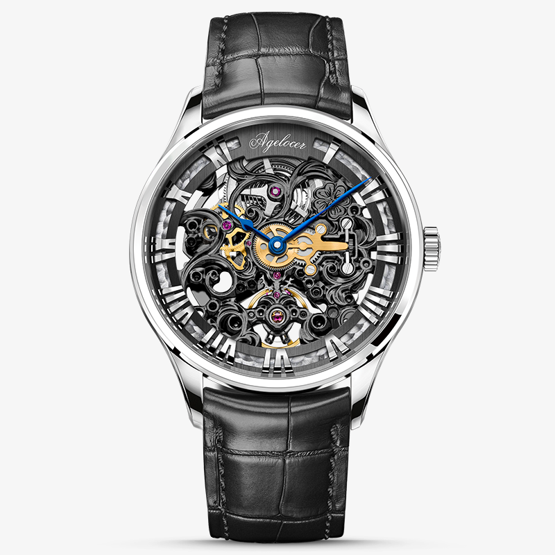 Agelocer Schwarzwald Double-Sided Skeleton Automatic Mechanical Watch For Men Leather Strap