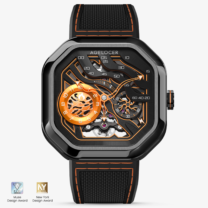 Agelocer Volcano Watch Innovative Volcano Men's Flame Orange Luminous Automatic Mechanical Watch Steel Strap