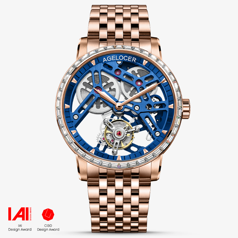 Agelocer Tourbillon Men's Hollow Mechanical Watch - Gloden Blue Steel Strap Diamond Watch