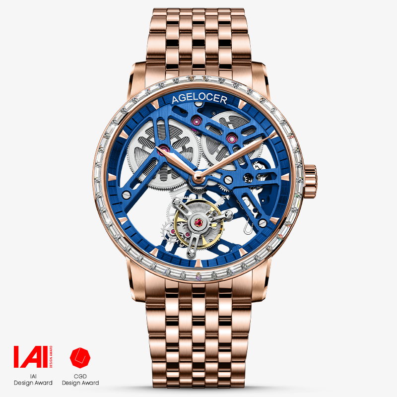 Agelocer Tourbillon Men's Hollow Mechanical Watch - Gloden Steel Strap Diamond Watch