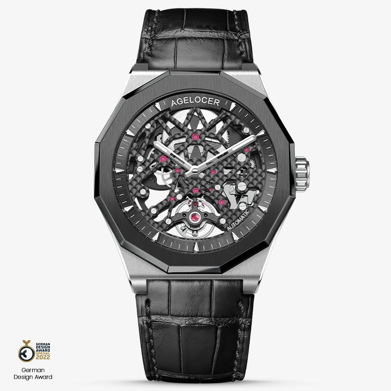 Agelocer Schwarzwald  Men's Double Skeleton Automatic Mechanical Watch - Ceramic Bezel