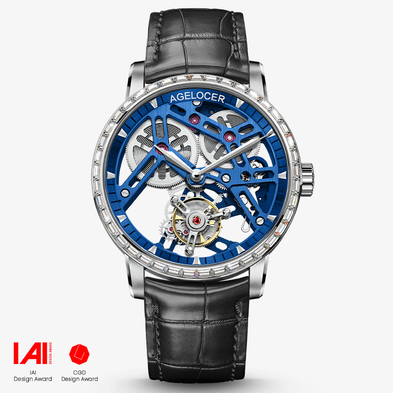 Agelocer Tourbillon Men's Hollow Mechanical Watch - Genuine Leather Strap Diamond Watch