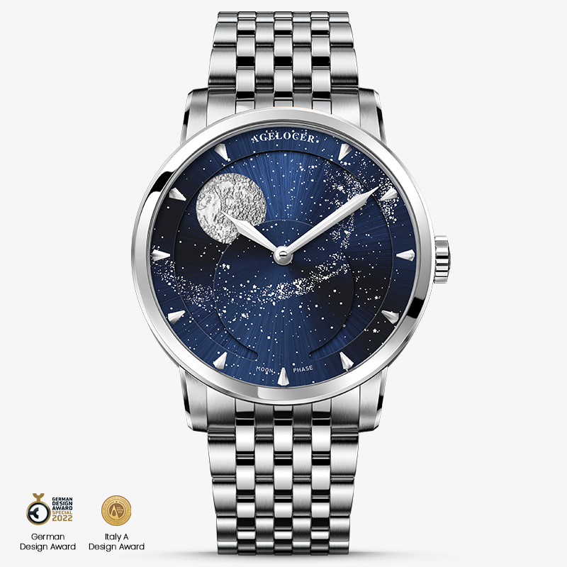 Agelocer Astronomer Original Men's Automatic Mechanical Silver Glaxy Moonphase Watch Steel Belt