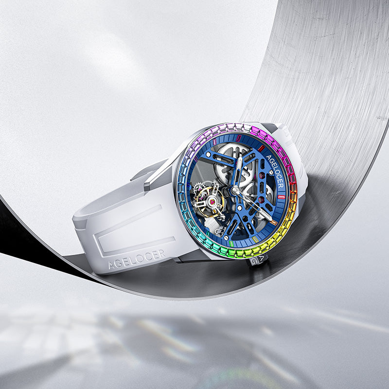 Agelocer Tourbillon Fluoro Rubber Men's Hollow Sliver Mechanical Watch - Rainbow Bezel