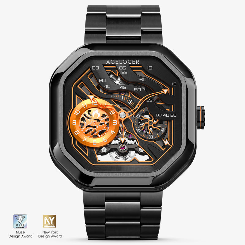 Agelocer Volcano Watch Innovative Volcano Theme Men's Flame Orange Automatic Mechanical Watch