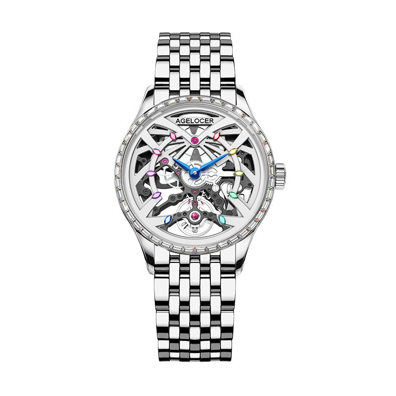 Agelocer Schwarzwald Women's Skeleton Automatic Mechanical Watch Steel Strap