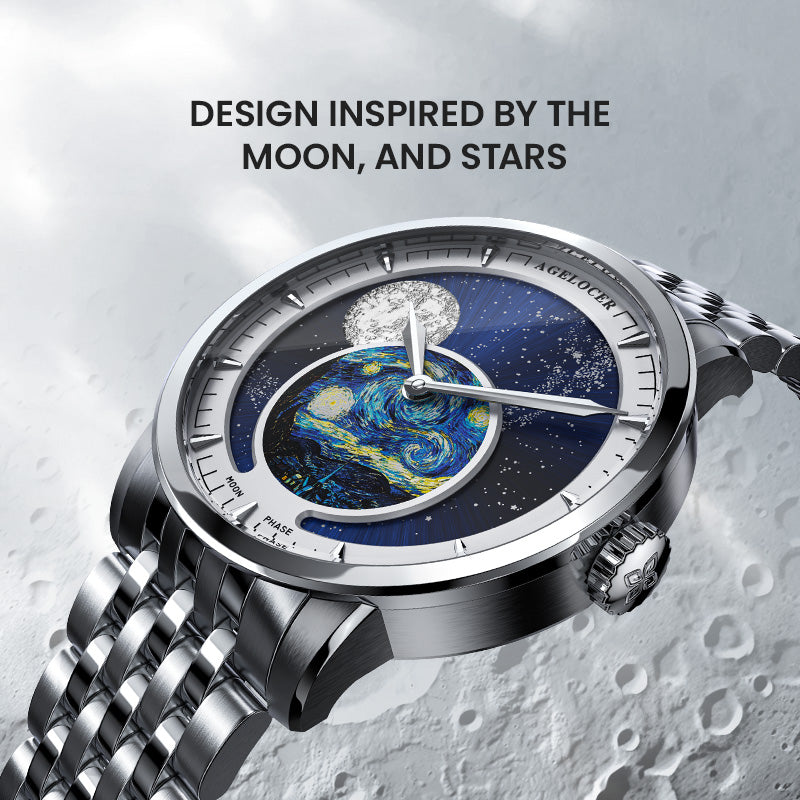 Agelocer Astronomer Original Men's Automatic Mechanical Moonphase Watch Silver Steel Belt