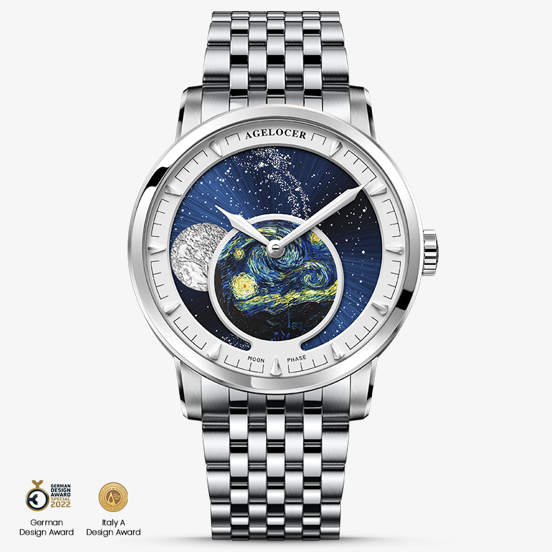 Agelocer Astronomer Original Men's Automatic Mechanical Moonphase Watch Silver Steel Belt