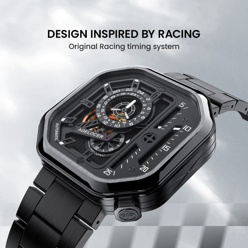 Agelocer Racing Series Watch Men's Square Automatic Mechanical Watch Black Steel Strap