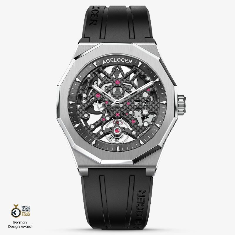 Agelocer Schwarzwald  Men's Double Skeleton Automatic Mechanical Watch - Ceramic Bezel