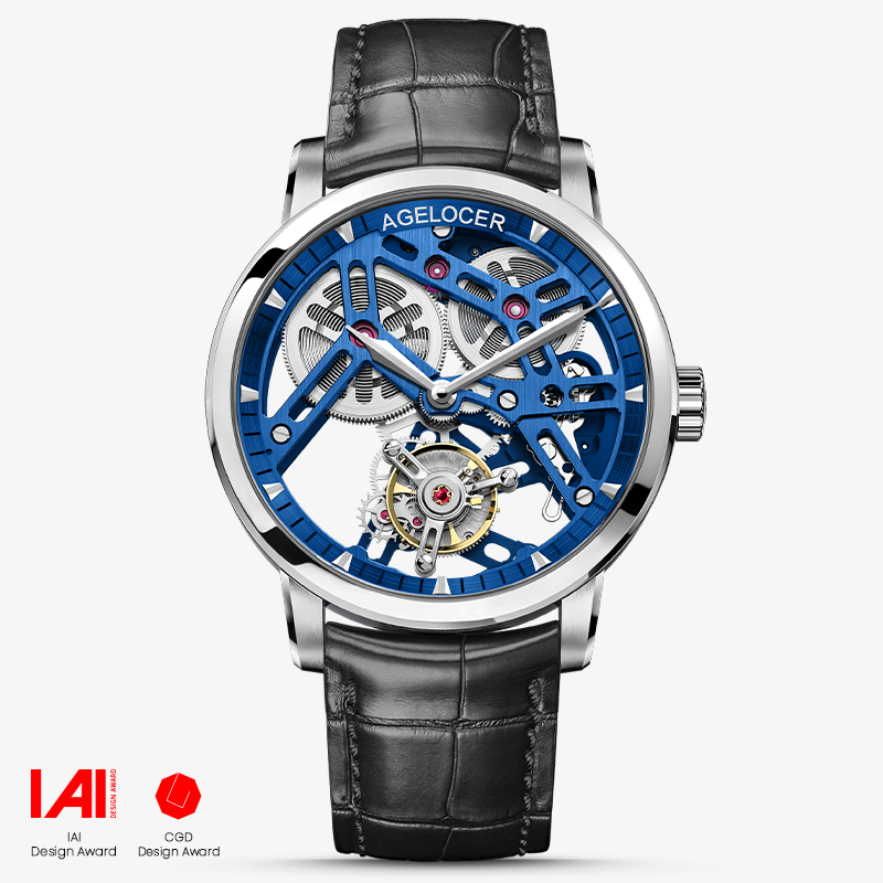 Agelocer Original Manual Winding Free-Sprung Flying Tourbillon Men's Skeleton Mechanical Watch Blue Silver (US Warehouse)