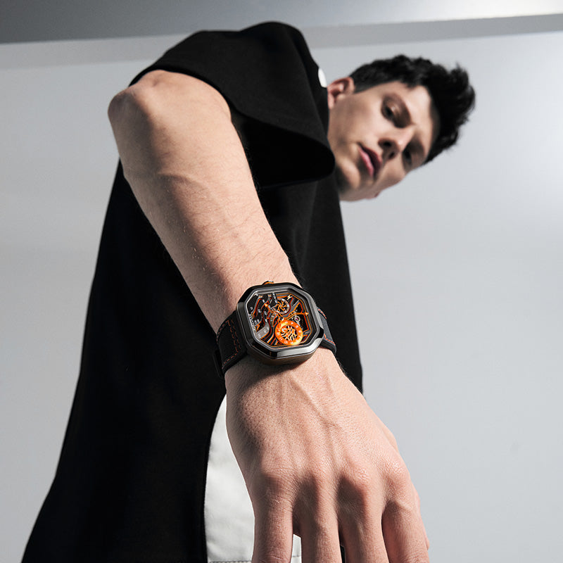 Agelocer Volcano Watch Innovative Volcano Theme Men's Flame Orange Automatic Mechanical Watch