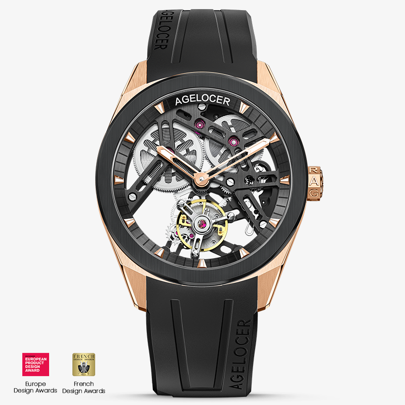 Agelocer Tourbillon Men's New Hollow Gold Black Mechanical Watch - Ceramic Bezel