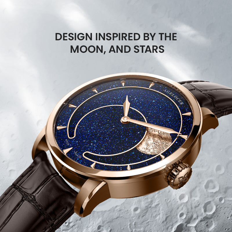 Agelocer Astronomer Men's Gold Automatic Mechanical Moonphase - Natural Blue Aventurine Dial