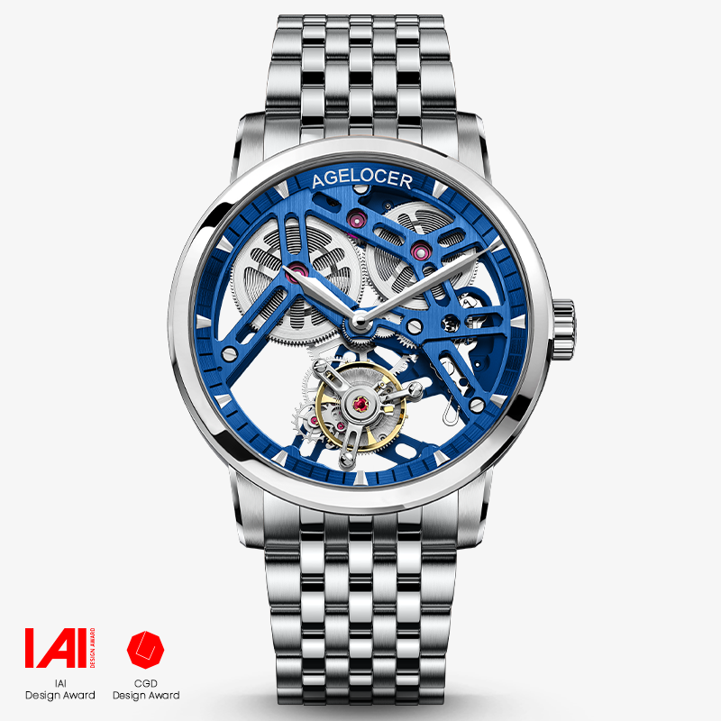 Agelocer Tourbillon Men's Skeleton Blue Mechanical Watch-Steel Strap