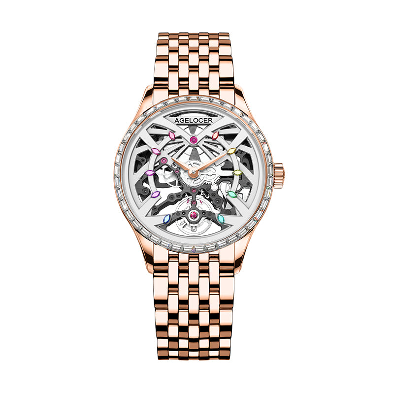 Agelocer Schwarzwald Women's Skeleton Automatic Mechanical Watch Steel Strap