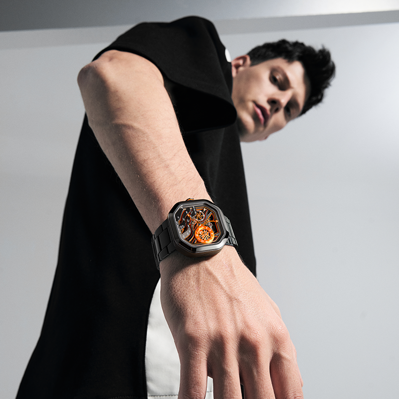 Agelocer Volcano Watch Innovative Volcano Men's Flame Orange Luminous Automatic Mechanical Watch Steel Strap