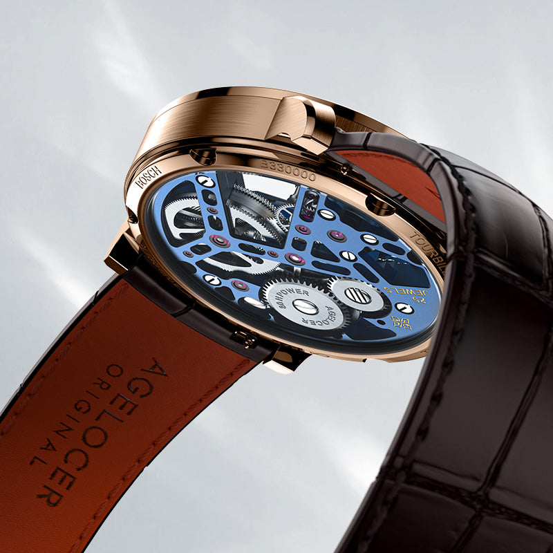 Agelocer Tourbillon Men's Hollow Mechanical Watch -  Golden Blue Genuine Leather Strap Diamond Watch